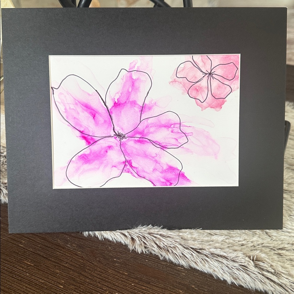 Hand crafted pink botanical abstract flowers alcohol ink wall decor painting